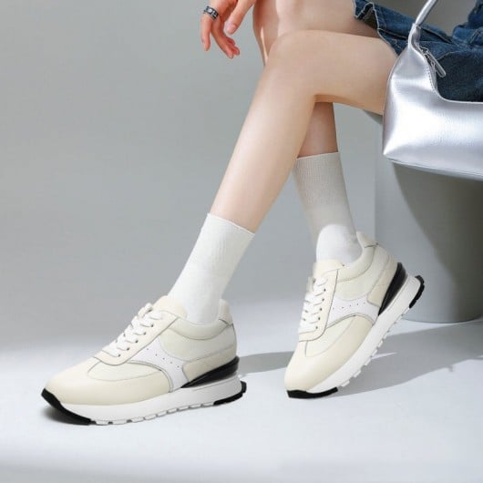 Height Increasing Shoes For Ladies | Off-White Leather Casual Shoes 8CM / 3.15 Inches