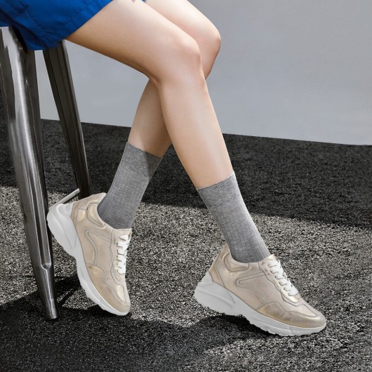 Elevator Shoes For Women - Gold Leather Casual High Heel Shoes 8CM / 3.15 Inches