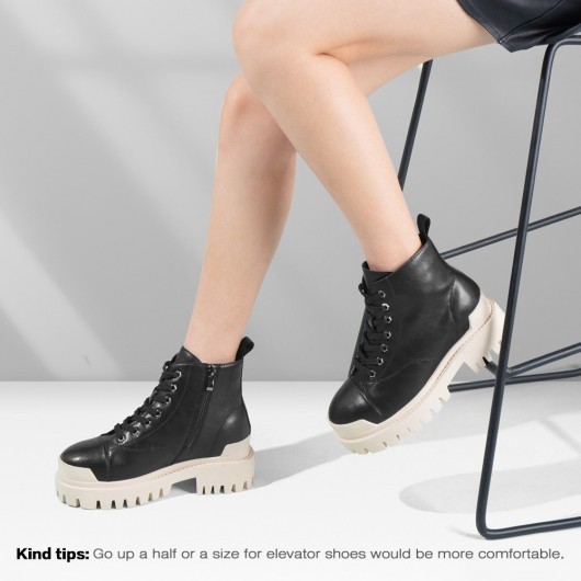 Elevator Shoes For Women - Black Leather Height Increasing Boots 8CM / 3.15 Inches