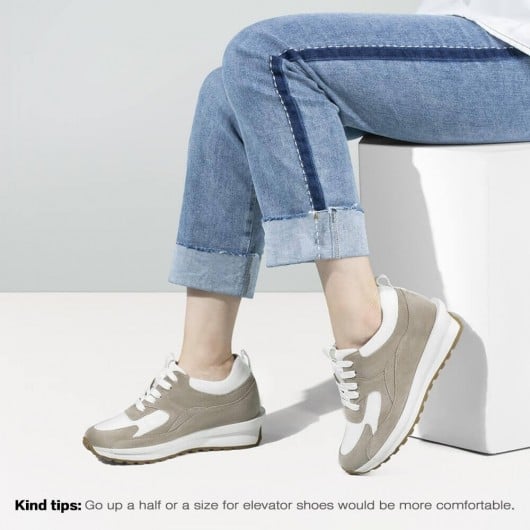 Elevator Sneakers For Women - Height Increasing Shoes For Ladies - Khaki Wedge Sneakers 7cm / 2.76 Inches
