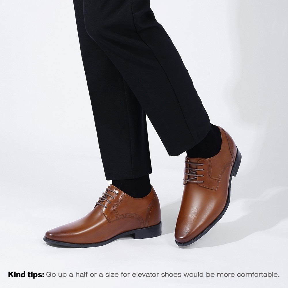 Brown Cowhide Leather Mens Elevator Dress Shoes - Classic Men's Oxford Shoes 3.15 Inches / 8 cm