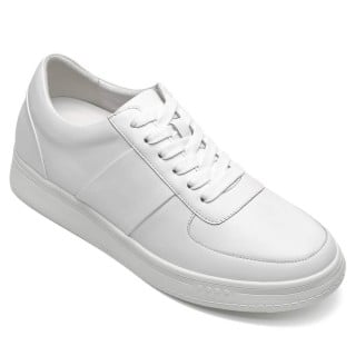 Height Increasing Shoes For Men - Casual Elevator Shoes - Cowhide Leather Men's White Shoes 2.36 Inches / 6 CM