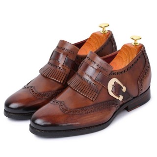 CHAMARIPA dress elevator shoes for men - wingtip brogue kiltie monk strap - brown - 7CM / 2.76 inches taller