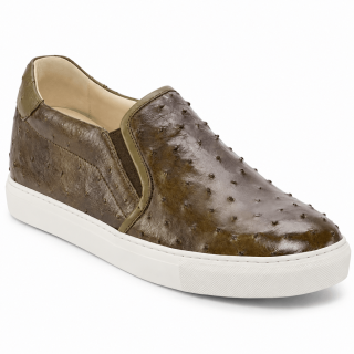 Tall Men Shoes | Olive Ostrich Leather Slip On Casual Shoes 6 CM / 2.36 Inches