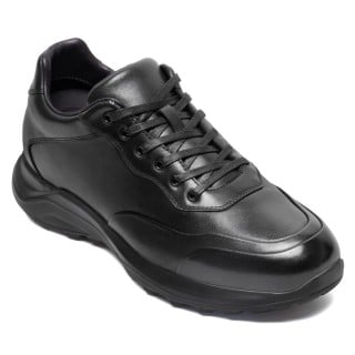 Men's Height Increasing Sneakers - Black Leather Hidden Heel Shoes 8CM / 3.15 Inches