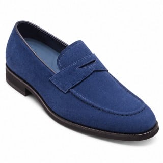 Elevator Loafers - Hidden Heel Shoes For Men - Blue Suede Leather Penny Loafers 7cm / 2.76 Inches
