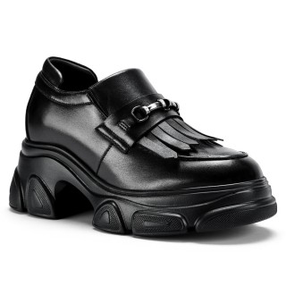 Elevator Shoes For Women - Black Soft Leather Tassel Loafers 9CM / 3.54 Inches