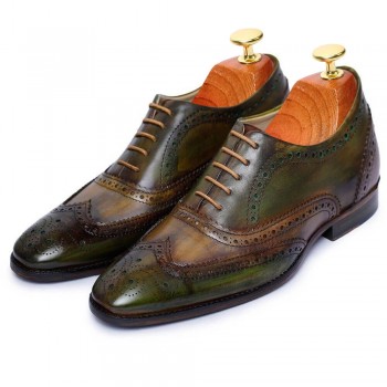 Chamaripa Wedding Elevator Shoes for Men - Wingtip Brogue Oxford - Green 7CM / 2.76 Inches