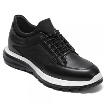 Men's Shoes With Higher Heels - Black Leather Casual Elevator Sneakers 8CM / 3.15 Inches