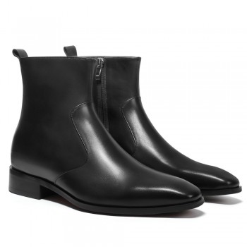 Men's Elevator Boots - Black Leather Side Zipper Boots 7CM / 2.76 Inches