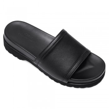 Chamaripa Men Height Increasing Slippers Black Leather High Heel Slide Sandal Fashion Casual elevator slippers Sandals 6CM / 2.36 Inches