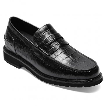  Men's Elevator Shoes | Black Crocodile Embossed Leather Penny Loafers 6 CM / 2.36 inches