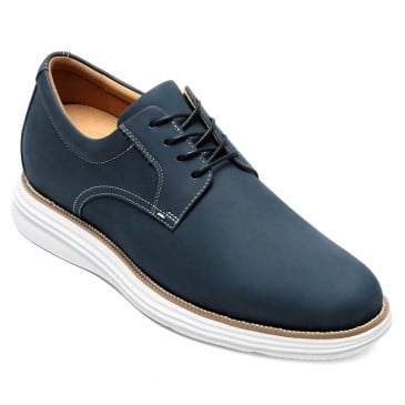Casual Elevator Shoes For Men | Navy Blue Nubuck Leather Casual Derby Shoes 7 CM / 2.76 Inches