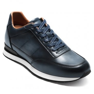 Mens Elevator Shoes | Grey Blue Leather Hybrid Dress Sneaker 8 CM / 3.15 Inches