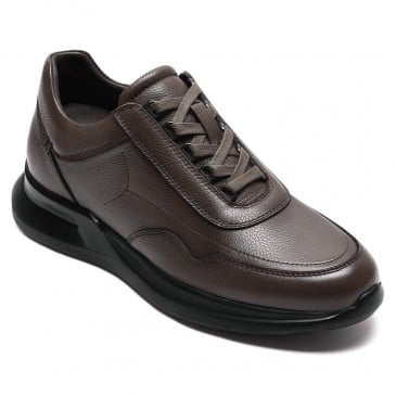 Men's Height Increasing Shoes | Coffee Leather Casual Elevator Sneakers 8CM / 3.15 Inches