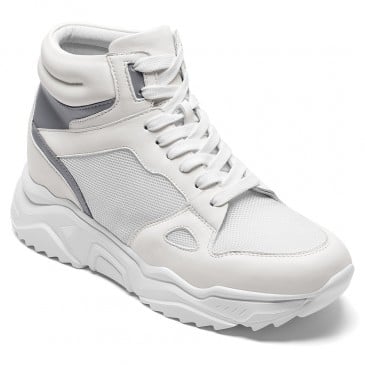 High Top Elevator Shoes for Men | White Leather Height Increasing Sneakers 8CM / 3.15 Inches