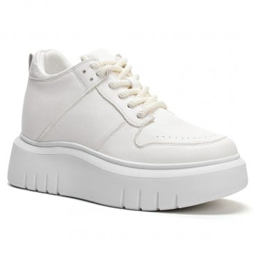 Women's Height Increasing Shoes - White Leather Casual Sports Shoes 8CM / 3.15 Inches