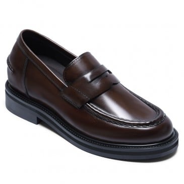 elevator shoes for women - women's shoes with hidden heel - Dark brown leather loafer shoes 6CM / 2.36 Inches