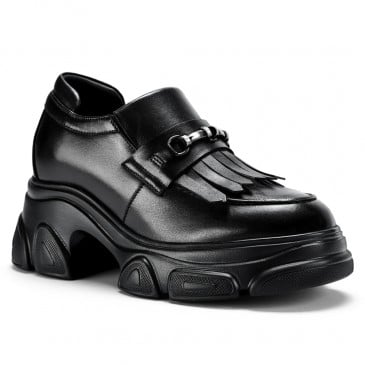 Elevator Shoes For Women - Black Soft Leather Tassel Loafers 9CM / 3.54 Inches