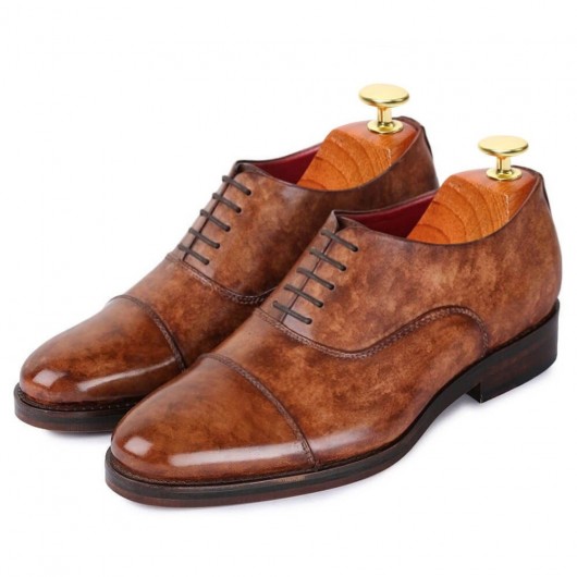 Brown Handcrafted Leather Cap toe Oxford + 7CM / 2.76 Inches