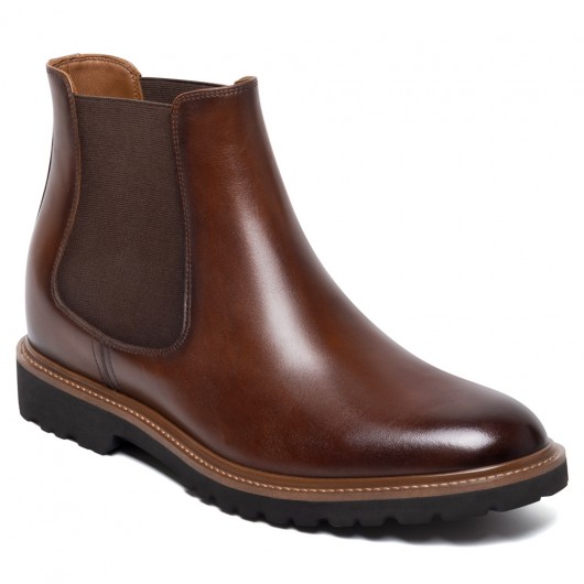 CMR CHAMARIPA Men's Height Increasing Boots - Brown Leather Elevator Chelsea Boots 8CM / 3.15 Inches