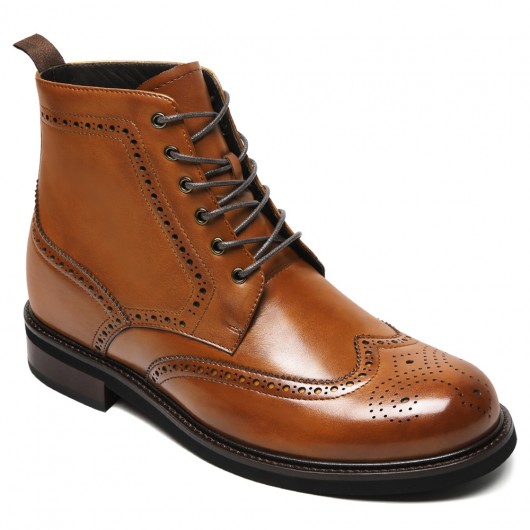 CMR CHAMARIPA Men's Dress Boots With High Heels - Brown Antiqued Leather Brogue Boots 8CM / 3.15 Inches
