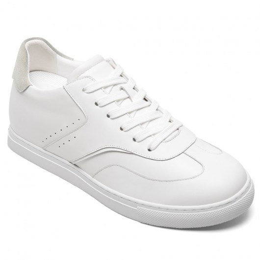 CMR CHAMARIPA Men's Raised Heel Shoes - White Leather Casual Elevator Shoes 7CM / 2.76 Inches