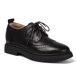 Höjdökande Skor För Kvinnor - Svart Läder Wingtip Derby Skor 7CM