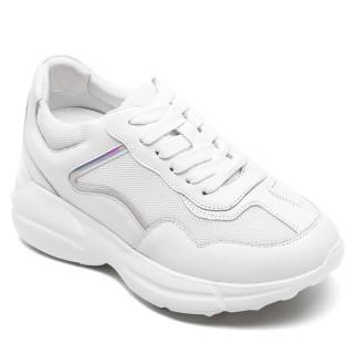 Höjdökande Skor För Damer - Vit Kohudsläder & Mesh Elevator Sneakers För Kvinnor 8 CM