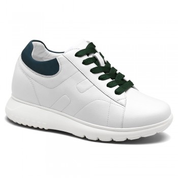 Elevator Sneakers För Dam - Vit Kohud Läder Höjdökande Skor 7 CM