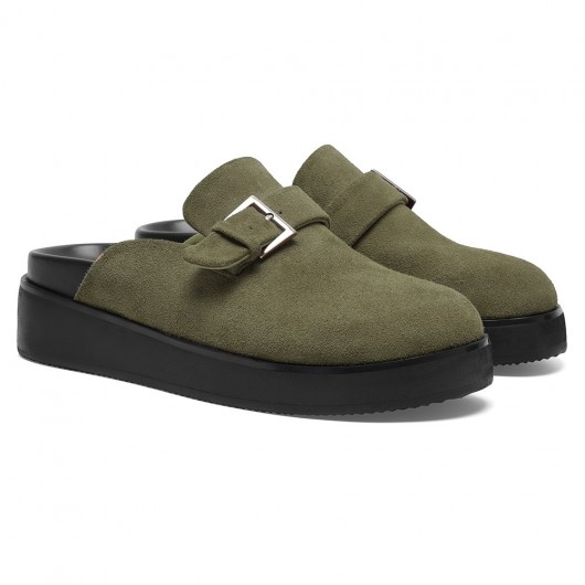 Herren Schuhe Mit Hohem Absatz | Klobige Hausschuhe Aus Olivgrünem Velours-Kalbsleder 6CM