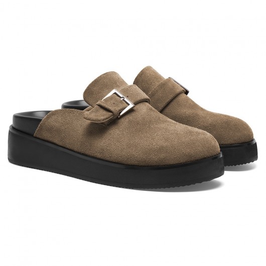 Schuhe mit Absatz für Herren | Khakifarbene Plateau-Slipper aus Velours-Kalbsleder 6CM