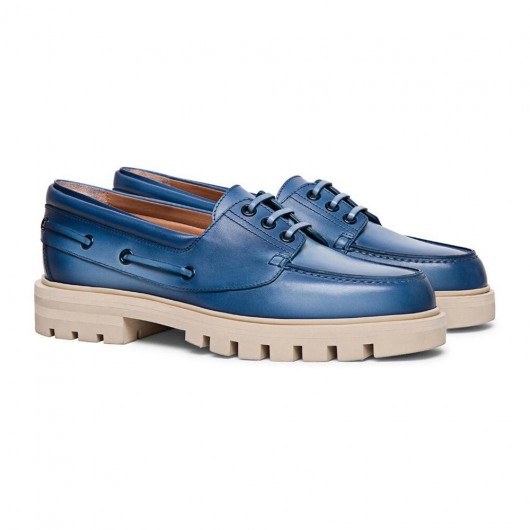 schuhe mit erhöhung damen - schuhe die größer machen damen - beunruhigte blaue Lederbootsschuhe der Frauen 7 CM
