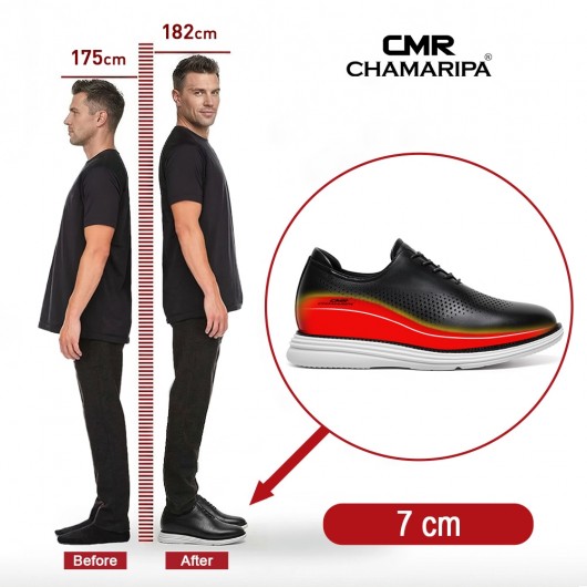 Schuhe Mit Absatz Herren | Atmungsaktive Schwarze Leder Derby-Sneaker für Herren 7 CM