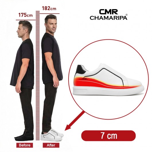 Männer schuhe die größer machen | Weiße Slip-on Leder-Sneaker mit Dreifachnaht 7 CM