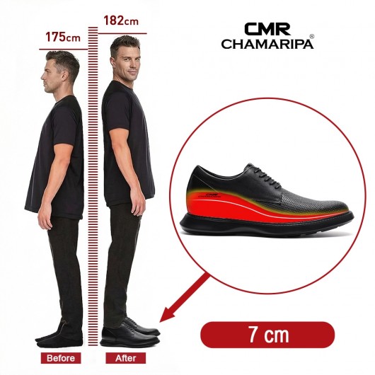 hohe schuhe männer | Leichte atmungsaktive Derby-Schuhe aus schwarzem Leder 7 CM