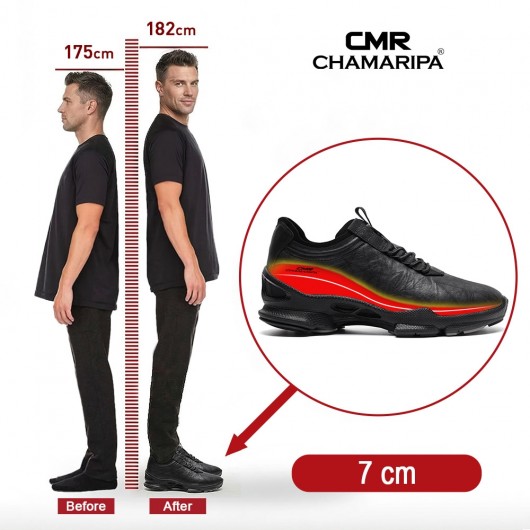 Herren Schuhe Mit Absatz | Schwarze Leder Lässige Sneaker Mit Absatz 7 CM