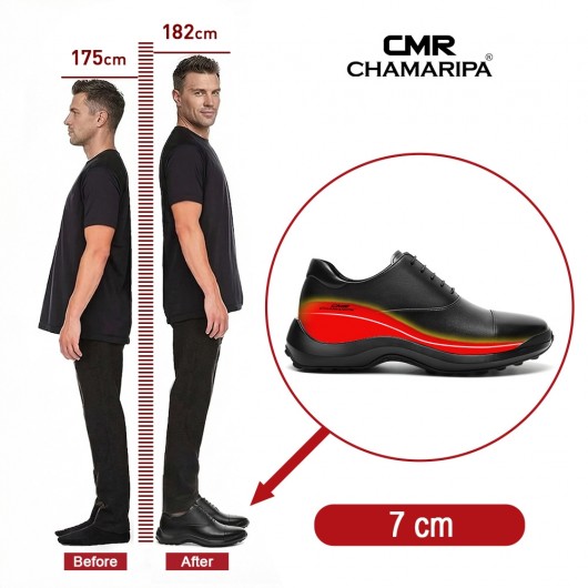 elevator schuhe herren | Schwarze rutschfeste Oxford-Schuhe aus Rindsleder 7 CM