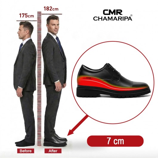 Männer Schuhe Mit Hohen Absätzen 7 CM | Schwarze Derby-Schnürschuhe aus Leder