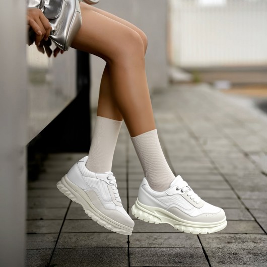 Schuhe Mit Erhöhung Damen | Beige Atmungsaktive Netzstoff Freizeitsneaker 7CM
