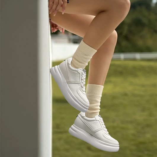 Schuhe Mit Erhöhung Damen | Cremeweiß Leder Plateau Freizeitsneaker 8 CM