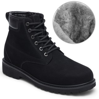 Pelzgefüttert Herren Stiefel Mit Hohem Absatz – Schwarze Freizeitstiefel Aus Nubukleder 7CM