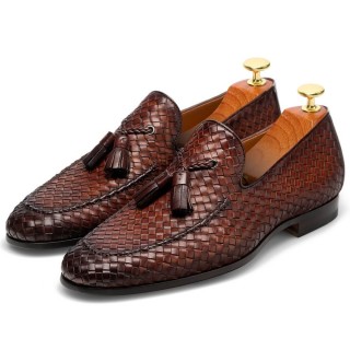 CHAMARIPA Herren-Aufzugsschuhe braun handgewebte Leder Tasselloafer Absatzkleidschuhe 7 CM