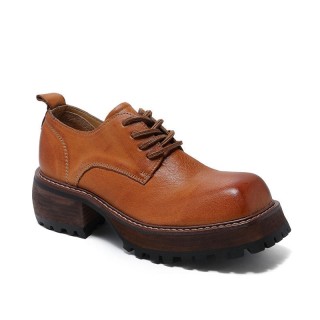 Schuhe Mit Erhöhung Damen - Braunes Leder Derby-Schuhe Mit Quadratischer Spitze 7CM