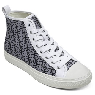Schuhe Mit Erhöhung Für Männer - Hohe Absätze Für Aus Weißem Leder Und Grauem Bedrucktem Stoff 6 CM
