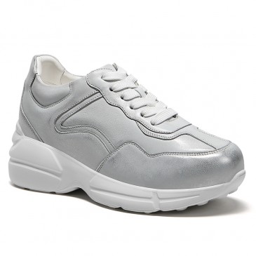 Schuhe Mit Erhöhung Damen - Silberne Lederfreizeitschuhe 8CM