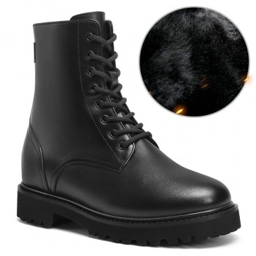 damen stiefel mit hohem absatz - pelzfutter schwarzes leder stiefel mit seitlichem reißverschluss 8cm
