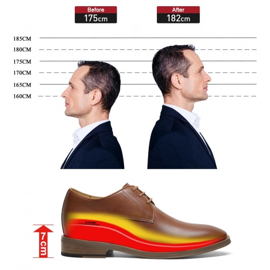 รองเท้าส้นสูงสำหรับผู้ชาย - หนังสีน้ำตาลรองเท้าดาร์บี้เพิ่มความสูง 7ซม
