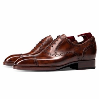 Giày dress độn đế nam 6CM | Giày Oxford da nâu brogue eo fiddleback