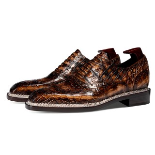 Giày độn đế nam 6CM | Giày dress da cá sấu Nile màu cà phê brogue may Norwegian Welt